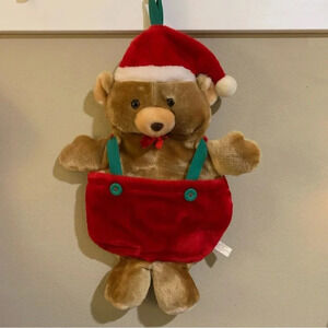 Vintage Bear Santa Hat Suspenders Plush Christmas Stocking Card Holder 20” Korea